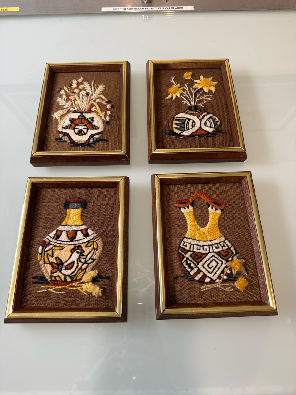 Vintage 70s Sunset Designs Crewel Embroidery Framed Southwest Pottery Art Set 4